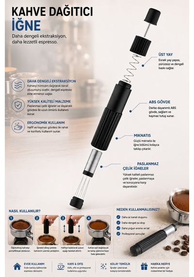 Magnetik İstasyonlu Espresso Makinası Needle Kahve Karıştırma İğnesi Espresso İğnesi Mt264 Siyah
