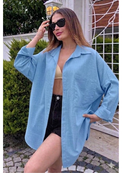 Rouge Basıc Oversize Keten Dokulu %100 Pamuk Salaş Gömlek Mavi
