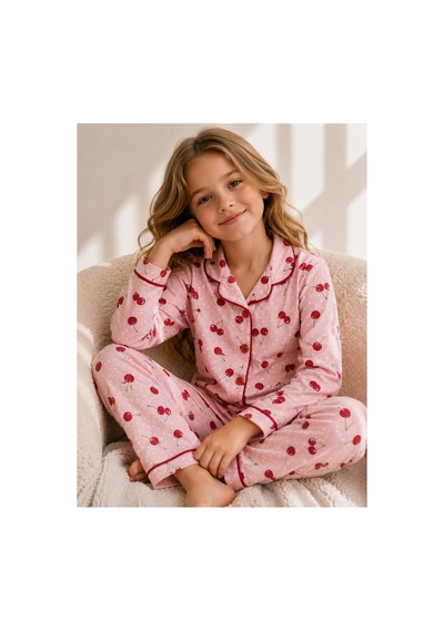 Beka Kids Desenli Uzun Kollu Önden Düğmeli Gömlek Yaka Kız Çocuk Pijama Takımı Ve Göz Bandı Kırmızı