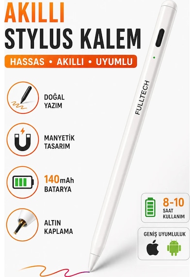 Exenar - Beyaz - Akıllı Attif Stylus Kalem Apple iPad Android Uyumlu Palm Rejection Hassas Dokunmatik Yazı Ve Çizim Kalemi 1