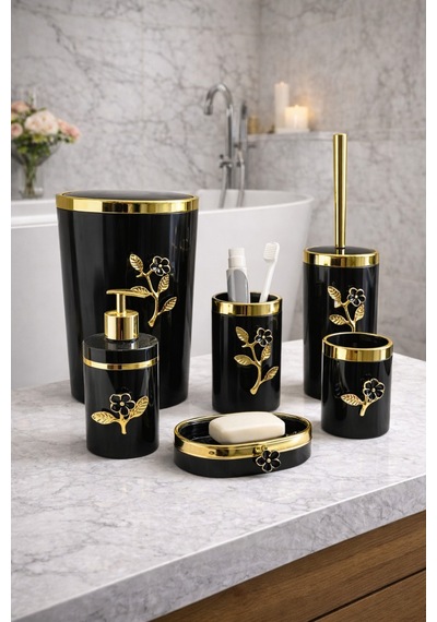 Arvale Çiçek Desenli Pleksi Gold Detaylı Siyah 5 Li Banyo Seti