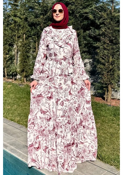 Rabia Şamlı Botanik Elbise Bordo Normal