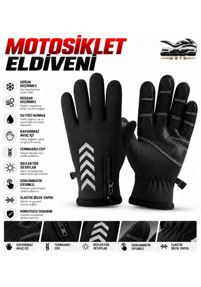 Assamoto Su Ve Rüzgar Geçirmez Softshell Unisex Siyah Renk Scooter, Bisiklet-motosiklet Eldiveni Dokunmatik Özellikli Kışlık Eldiven