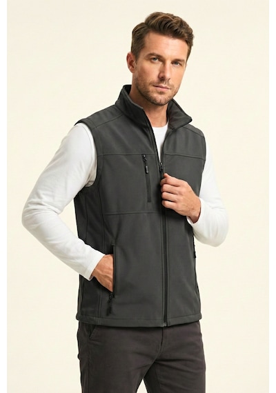 Genius Store Erkek Yelek Softshell Su Geçirmez Tam Fermuarlı Cepli Normal Kalıp Spor Yelek Füme