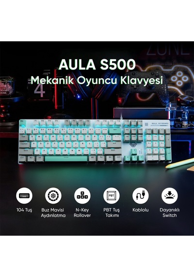 Aula S500 Blue Switch Mavi Led Aydınlatmalı Makrolu Kablolu Gaming Mekanik Oyuncu Klavyesi