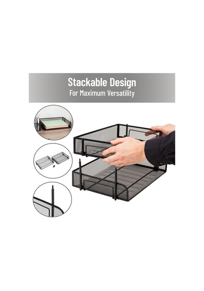 2'li Paket İstiflenebilir Metal Mesh Dosya Tutucu Tepsileri, Belge Tutucu, Masaüstü Dosya Düzenleyici, Siyah