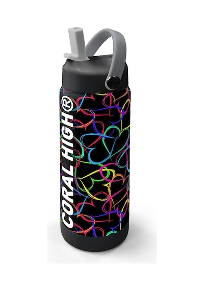 Coral High 650 Ml Kız Çocuk Kalp Baskılı Siyah Pembe Çelik Suluk/matara Pipetli 38382 Siyah - Pembe