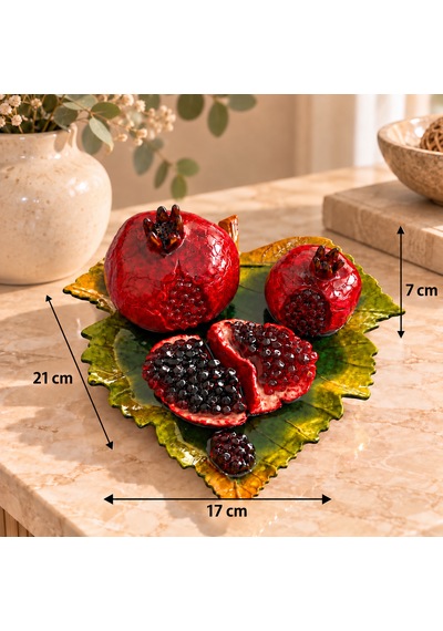 Bereket Ve Şans Temalı Dekoratif Yaprak Tepsili Nar Seti - 21 17 7 Cm