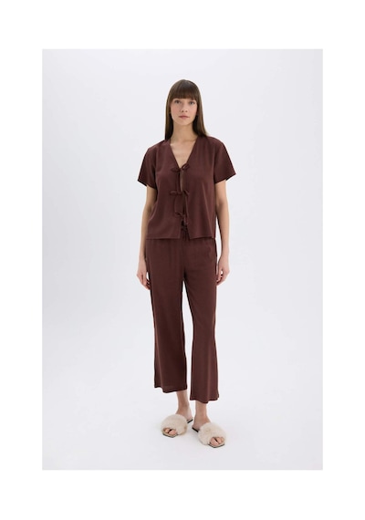 DeFacto Pijama Takımı Keten Kısa Kollu Üst Esnek Belli Alt-Fall in Love E3571AX25SPBN166