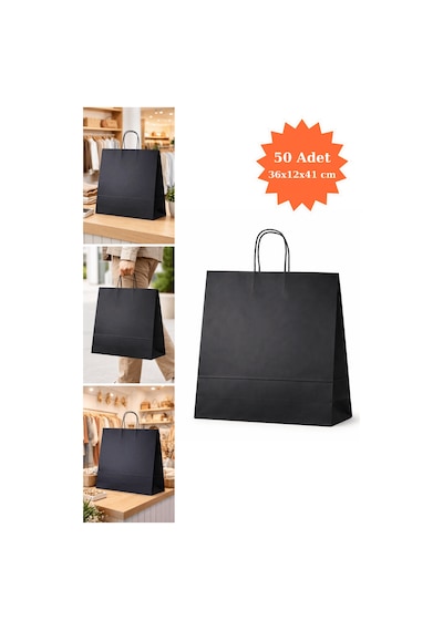 Elit Burgu Saplı Kraft Çanta Siyah Fsc Sertifikalı Kağıt Poşet Butik Hediye Torbası 36x12x41 Cm 50li