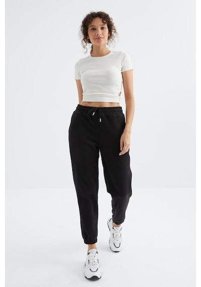 Siyah Yüksek Bel Basic Bağcıklı Jogger Polar Kadın Eşofman Alt - 94622 Siyah