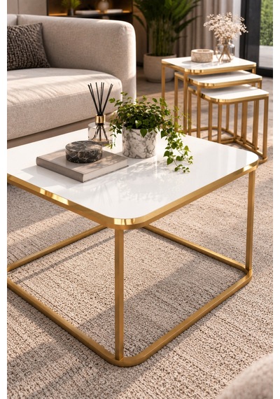 Sulorahome Damla Sehpa Seti Beyaz Ve Gold Metal Ayaklı Tablalar Beyaz Mermer / Ayaklar Gold