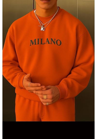 Benroma 3 İplik Penye Milano Baskılı Unisex Sweatshırt Turuncu