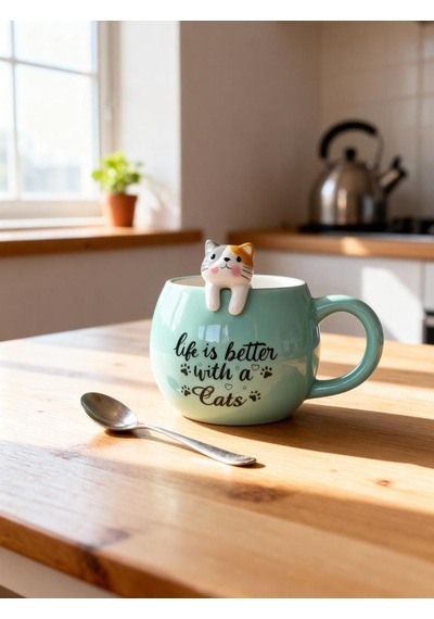 Turkuaz 3d Kedi Figürlü Kupa 420 Ml Turkuaz
