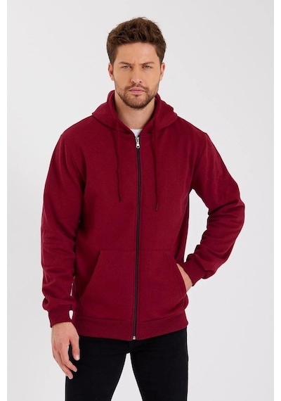 Barlashive Erkek 3 İplik Pamuklu Tam Fermuarlı Kapüşonlu Kanguru Cepli Düz Hoodie Sweatshirt - Bordo Çok Renkli