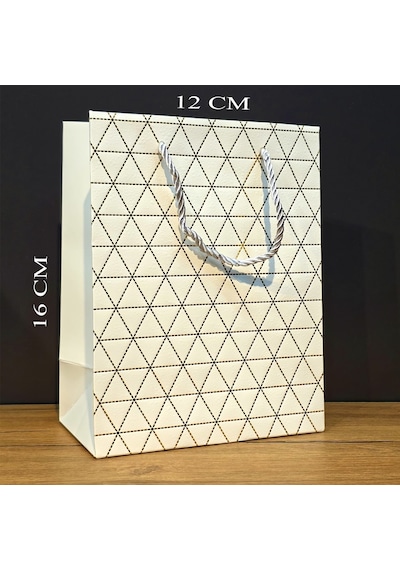 Beyaz Geometrik Desenli Mini Boy Karton Hediye Çantası