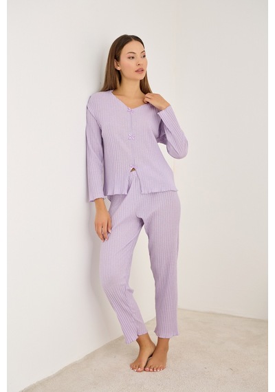 Siyah İnci Fitilli Kaşkorse Uzun Kollu Pijama Takım 7937 Lila