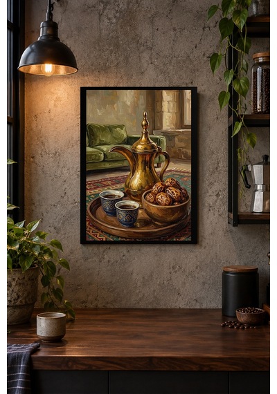 Pirinç İbrikli Çay Sofrası Desenli Dekoratif Mdf Tablo, Çerçeve Görünümlü Ahşap Poster