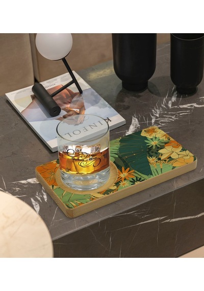Kişiye Özel Çiçekler Tasarımlı Doğal Ahşap Tabaklı Viski Bardağı Sunum Seti Model 7