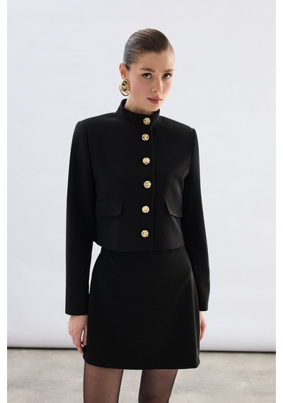 Sateen Düğmeli Kısa Ceket - Siyah-136774 Siyah