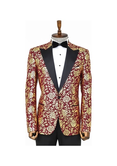 Wessi Gold Gül Desenli Slim Fit Bordo Erkek Smokin Ceket Bordo