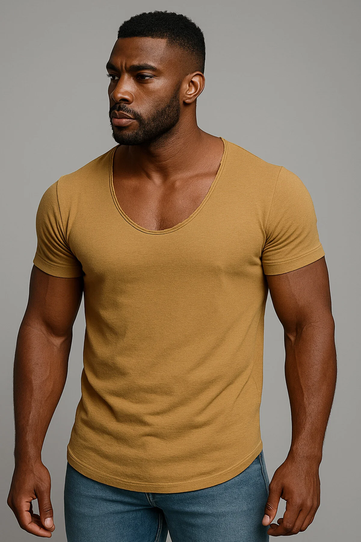 Premium Kalite Erkek Geniş Yaka Tam Likralı Alt Oval Slim Kesim Tişört T-shirt Vizon