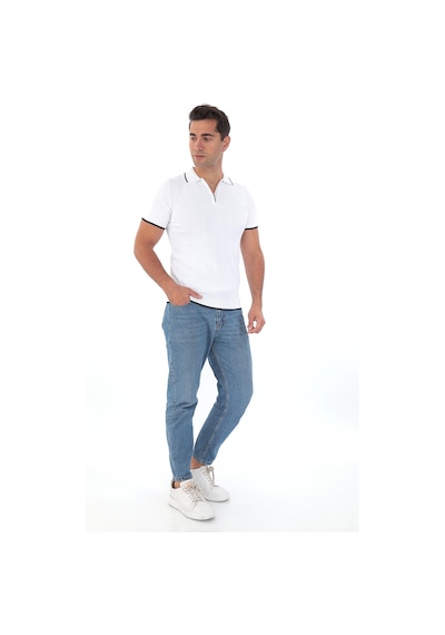 Monox Erkek Polo Yaka Fermuarlı Çizgili Spor Yazlık Triko Tişort Beyaz