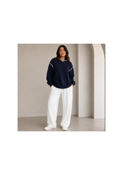 Herkesemoda Yaka Ve Kol Nakış Detaylı Kapüşonlu 2 İplik Şardonlu Sweatshirt Lacivert-krem Herkesemoda Yaka Ve Kol Nakış Detaylı Kapüşonlu 2 İplik Şardonlu Sweatshirt Lacivert-krem