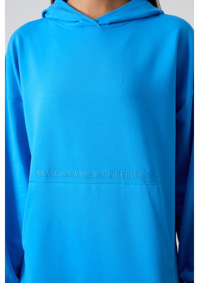 Tommy Life Mavi Balon Kol Yazı Nakışlı Kadın Oversize Tunik Sweatshirt - 97163 Mavi