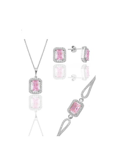 Gümüş Rodyumlu Pembe Taşlı Baget Kesim Üçlü Set