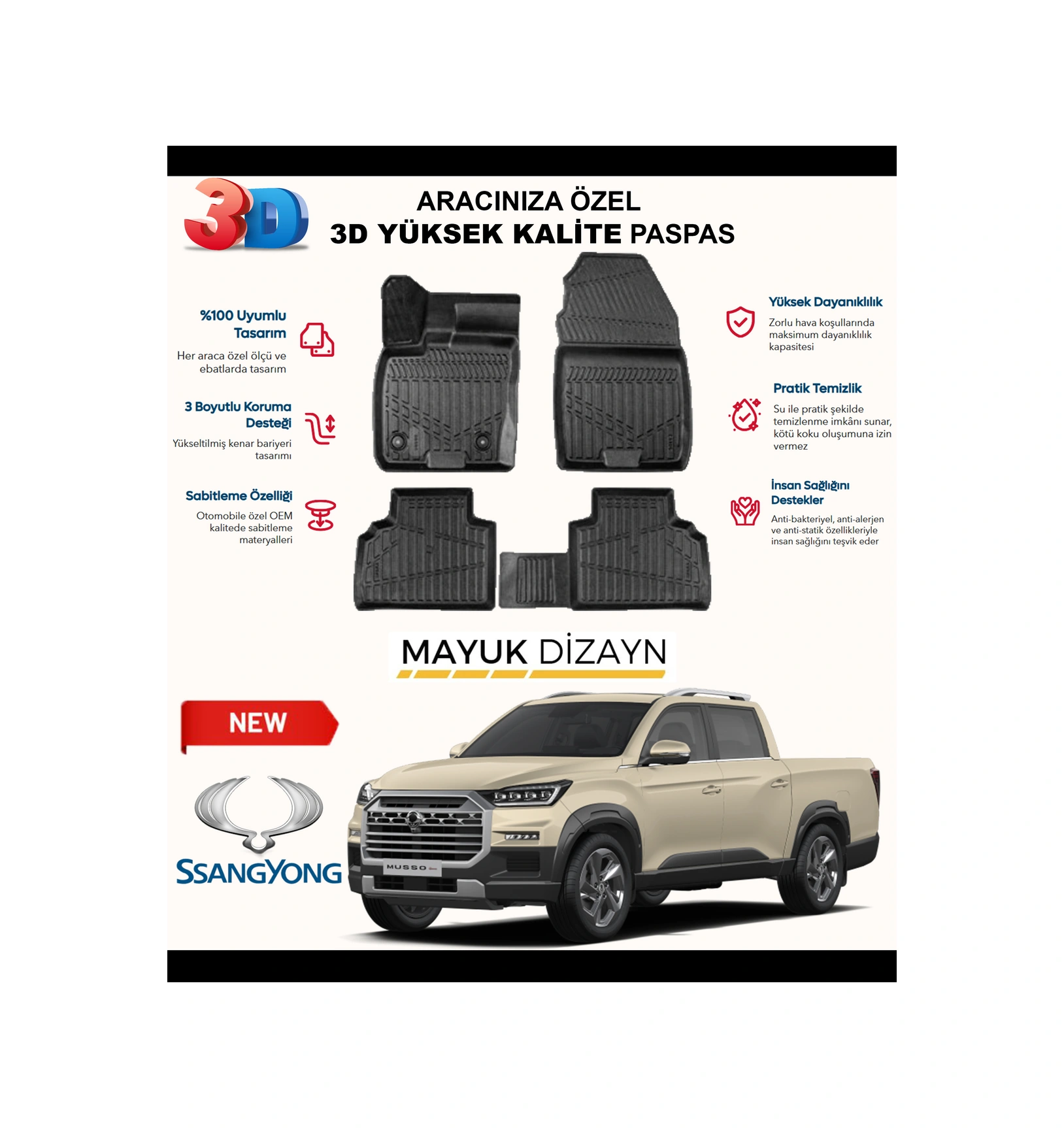 Ssangyong Musso Grand 2018 Sonrası Myk 3d Premium Havuzlu Oto Paspas Araca Özel