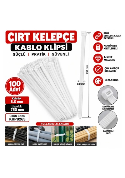 Beyaz Cırt Kelepçe Kablo Klipsi Kalınlık : 8.0 Mm Uzunluk : 750 Mm Kalın Cırt Kelepçe 100 Adet 8.0x750mm
