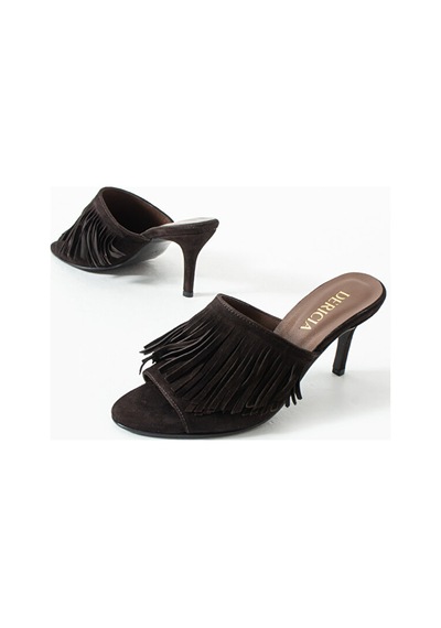 Dericia Shoes Glint Hakiki Deri Süet Kadın İnce Topuklu Yazlık Terlik Kahverengi