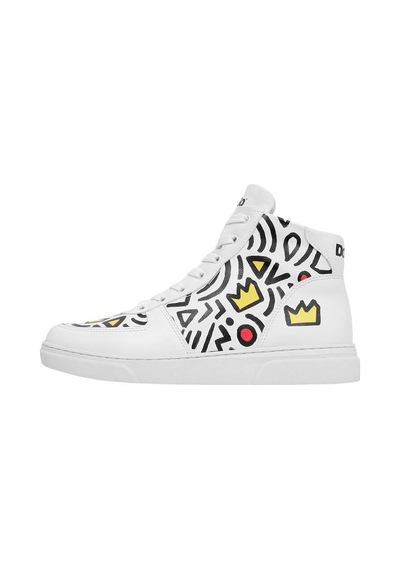 Kadın Vegan Deri Beyaz High Sneakers - Abstract Outline White Tasarım Çok Renkli