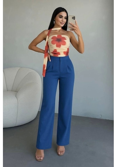 Defymoda Kadın Yüksek Bel Plise Detay Bol Paça Pantolon Mavi