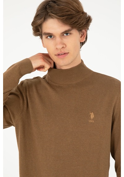 U.S. Polo Assn. Erkek Slim Fit Yarım Boğazlı Haki Melanj Basic Kazak 50288887-VR125