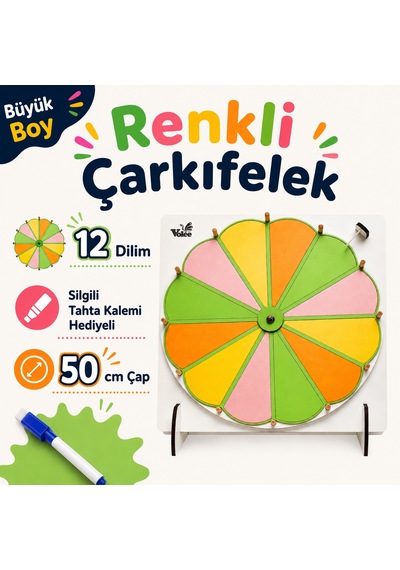 Büyük Boy 12 Dilim Renkli Çarkıfelek Oyunu Ahşap Eğitim Materyali