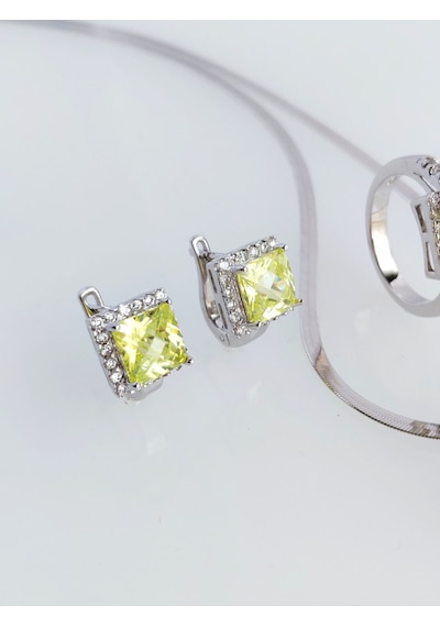 925 Ayar Gümüş Zebercet Peridot Doğal Taşlı Baget Tasarım Kadın Mücevher Set Kolye Küpe Yüzük S.255