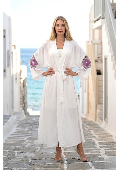 Veraura Lifestyle Beyaz Sırtı Ve Kolları Nakışlı Püsküllü Uzun Kimono