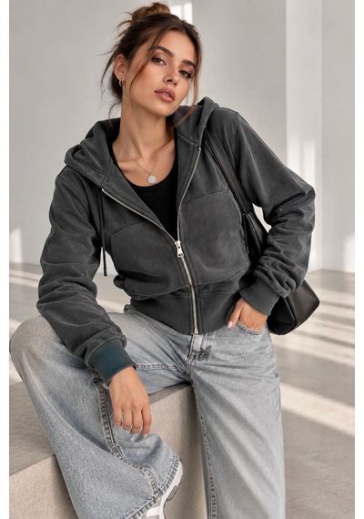 Bb Butik Basic Selanik Dokulu Fermuarlı Kapüşonlu Kadın Sweatshirt My3535 Antrasit