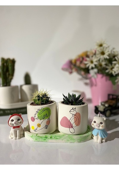 Tabaklı Pastel Kedi Desenli El Çizimi Saksı Seti Hediyelik Kalemlik