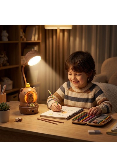 Sevimli Capybara Figürlü 3'ü 1 Arada Led Masa & Gece Lambası + Kalemtıraş Açık Kahverengi