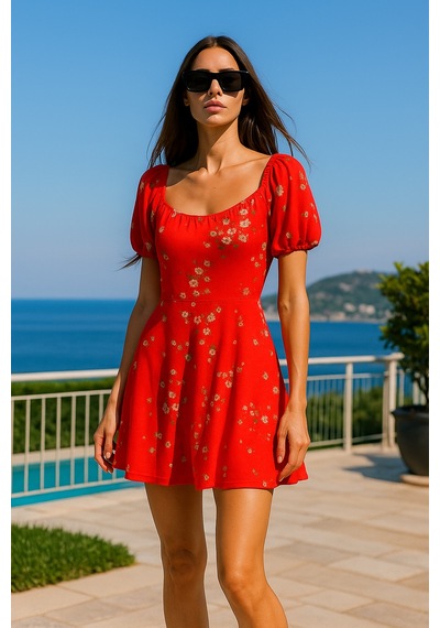Rich Kadın Kırmızı Çiçek Desenli Yazlık Mini Elbise Yuvarlak Yaka Kısa Kollu Günlük Elbise Kırmızı Rich Kadın Kırmızı Çiçek Desenli Yazlık Mini Elbise Yuvarlak Yaka Kısa Kollu Günlük Elbise Kırmızı