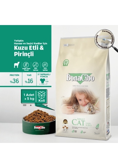 BonaCibo Kuzu Etli ve Pirinçli Yetişkin Kedi Maması 5 KG