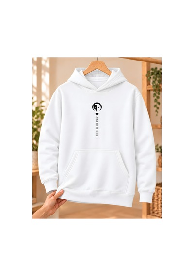 Mor Mürekkep Bozkurt Ay Yıldız Ve Dikey Semboller Baskılı Kapüşonlu Sweatshirt - Beyaz