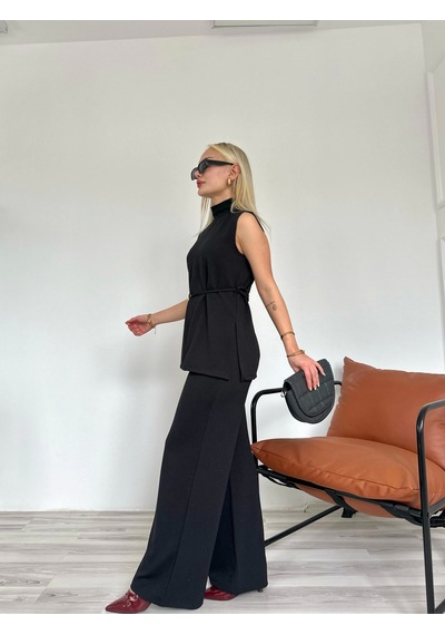 Keymoda Kadın Dik Yaka Bağcıklı Pantolon Takım Siyah Siyah