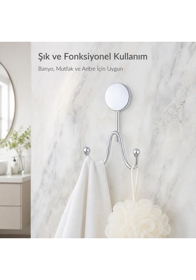 Alper Banyo İris Krom Kaplama İkili Askılık, Yapışkanlı Ve Vidalı Montajlı Duvar Askısı, Banyo Mutfak Antre Diğer