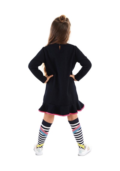 Denokids Siyah Perçem Kız Çocuk Uzun Kollu Elbise ve Çorap