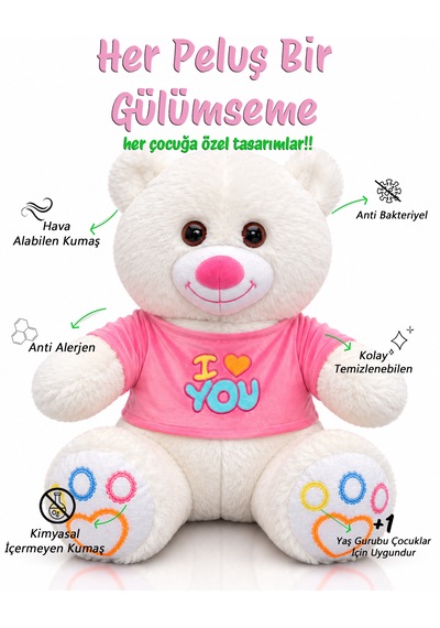 Ayıcık Elbiseli Ayıcık Yeni Seri Renkli 60cm - I Love You & Hediyelik Ayıcık Peluş Oyuncak 001 - Beyaz