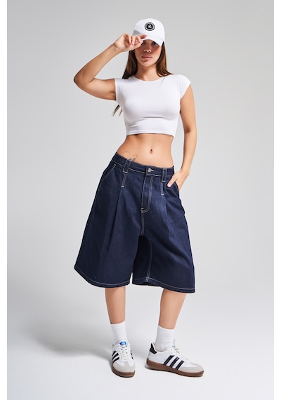 it's basic Kadın İndigo Renk 7s5-50 Skater Fit Maxi Boy Bol Kesim %100 Koton Denim Bermuda Şort